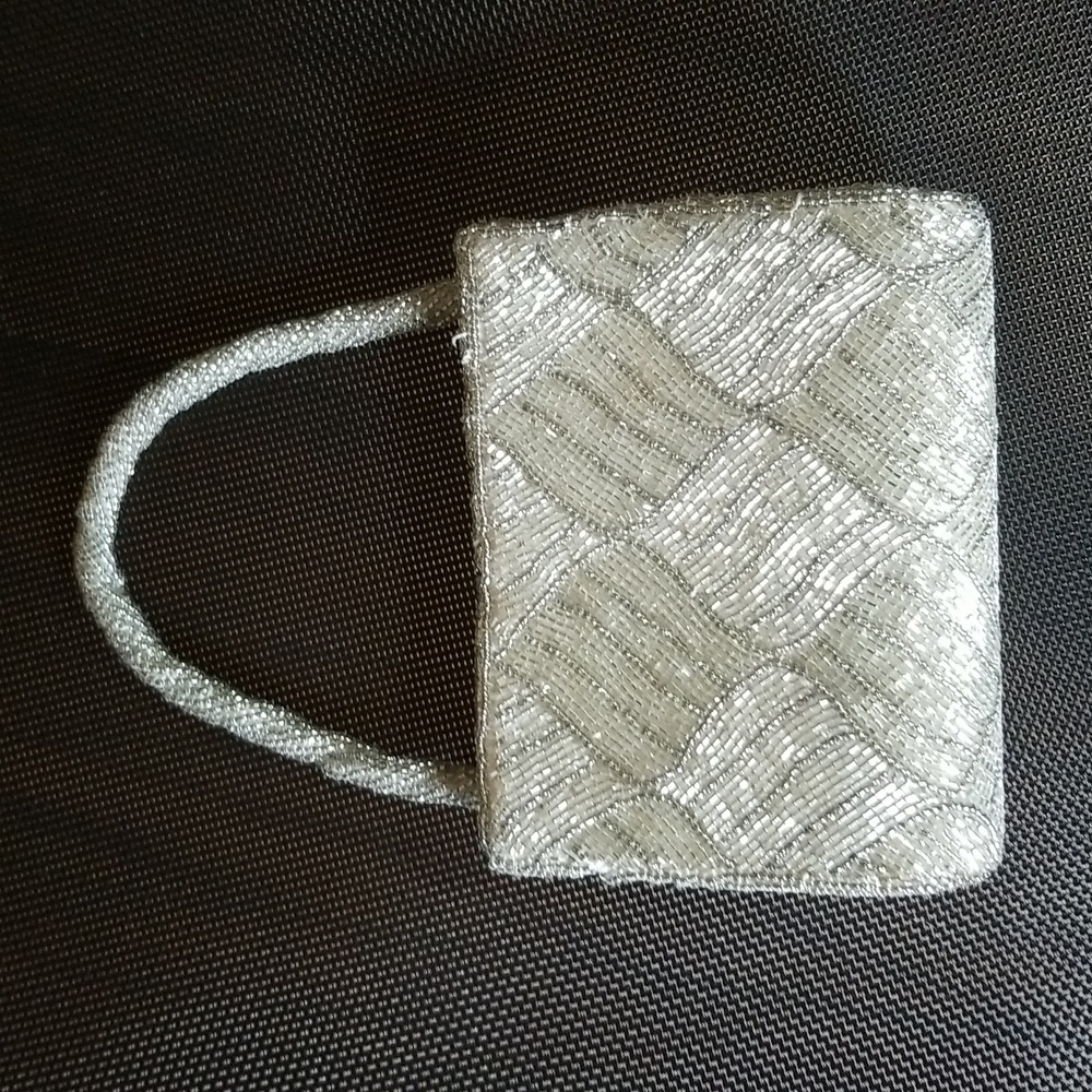 Cache small gray beaded button-closure purse